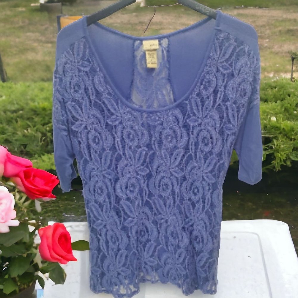 Daytrip Blue Lace Front Short Sleeve Top